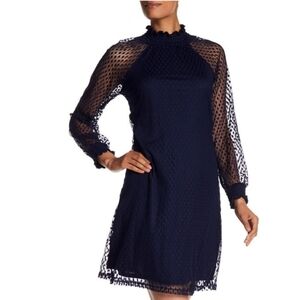 Nina Leonard Dark Blue Textured Long Sleeve Dress